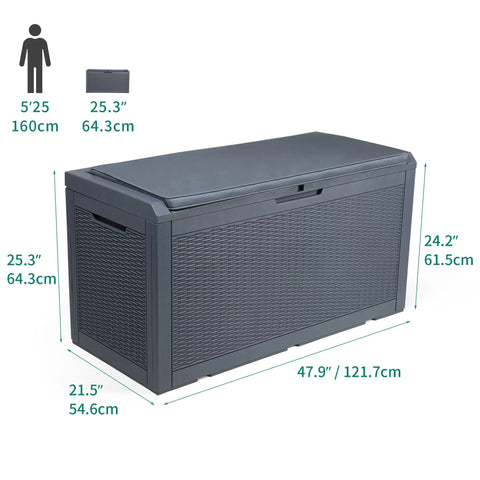 Huge 100 Gallon Outdoor Resin Deck Box With Lockable Lid For Patio Furniture Cushions Garden Tools And Pool Supplies Waterproof Weatherproof Storage With Large Capacity Dark Grey showing dimensions