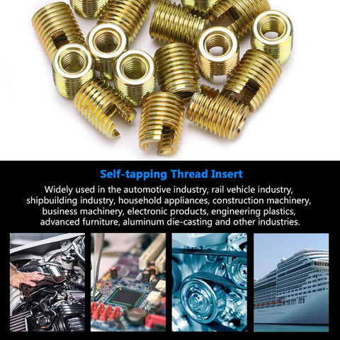 20 Pcs Self Tapping Thread Inserts Made From Durable Carbon Steel With Yellow Zinc Plating For Heavy Duty DIY Repairs And Professional Fastener Reinforcement Jobs That Last A Life Time laying on a surface.
