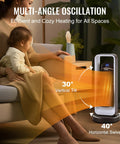 Compact Electric Space Heater With Thermostat And Remote Control in a living room with oscillation feature illustrated