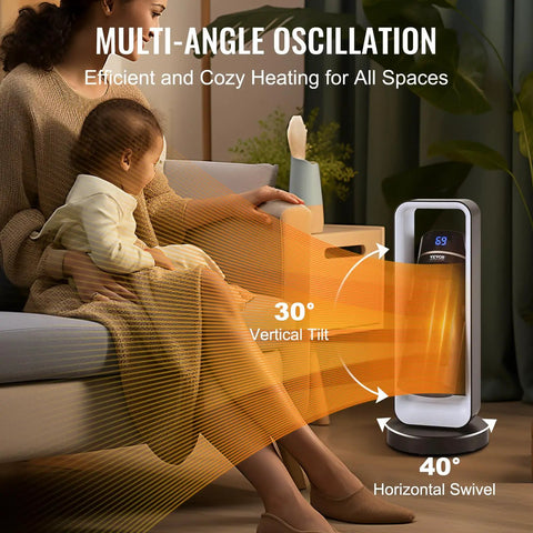 Compact Electric Space Heater With Thermostat And Remote Control in a living room with oscillation feature illustrated
