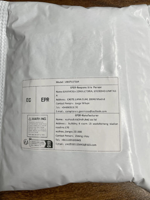 Front view of a white padded poly mailer with a printed label showing model VBGT111304 and supplier details.
