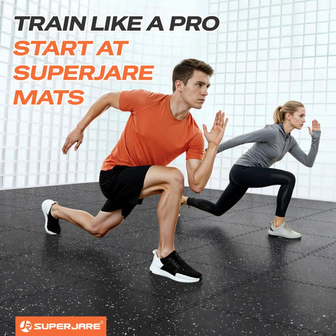 Two people running on Thick 0.56 Inch Interlocking Gym Flooring Mats With Rubber Top For Home Gym, black and gray surface visible.