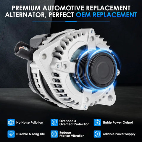 Car Alternator For Honda Odyssey 2014 2015 2016 2017 V6 3.5L Direct Fit OE Replacement, 11775N 31100RV0A11 31100RV0A12 Compatible, 1042118520 TN1042118520 High Output Auto Alternator in a side view showing its six-groove pulley and connector.