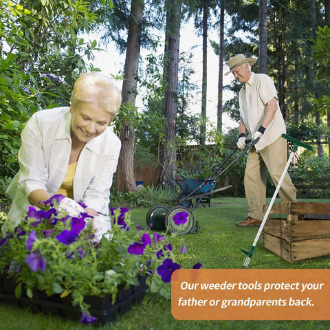 Elderly couple gardening with Stand Up Weeder And Weed Remover Tool With 39 Inch Handle, 3-Claw Manual Weeder, Back-Friendly design.