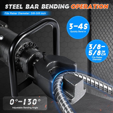 Steel bar bending operation with Heavy Duty 1400W Electric Hydraulic Rebar Bender For 10-16mm Steel Bars, adjustable from 0 to 130 degrees.