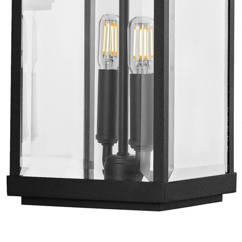 Close-up of 2 Light Outdoor Wall Lantern With Clear Beveled Glass, Traditional Farmhouse Style, Textured Black Finish.