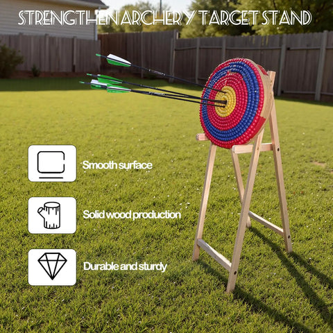 Backyard Archery Target Stand With Adjustable Heights And Ground Pegs, Sturdy Pine Wood, holding round target in lawn.