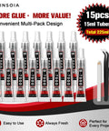 Clear Rhinestone Glue Kit 15 Tubes 15ml Each DIY Friendly With Precision Tip Quick Dry Multi Purpose Adhesive For Nails Jewelry Craft Fabric Shoes Phone Repair No Trace Transparent Strong Bond image showing product packaging and tools.