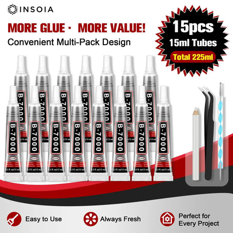 Clear Rhinestone Glue Kit 15 Tubes 15ml Each DIY Friendly With Precision Tip Quick Dry Multi Purpose Adhesive For Nails Jewelry Craft Fabric Shoes Phone Repair No Trace Transparent Strong Bond image showing product packaging and tools.