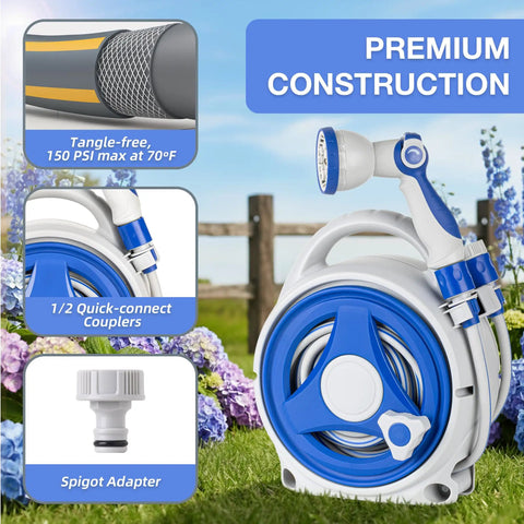Retractable Garden Hose Reel With 10 Patterns Spray Nozzle, 50Ft Auto Wind Up Hose Holder, durable PVC, lawn background