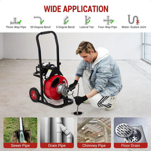 Professional Heavy Duty Electric Drain Cleaner With Automatic Feed Sewer Snake Auger Plus One Hundred Foot Manganese Steel Cable and Air Foot Switch for Stubborn Clogs in use on floor drain.