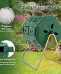 Dual Chamber 43 Gallon Outdoor Compost Tumbler With Sliding Doors And Included Gloves, Rotating Bin in green with metal base