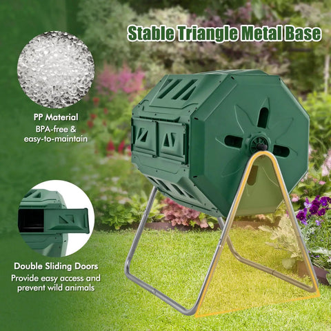 Dual Chamber 43 Gallon Outdoor Compost Tumbler With Sliding Doors And Included Gloves, Rotating Bin in green with metal base