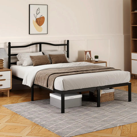 Heavy Duty Queen Bed Frame With Curved Headboard Noise Free Metal Platform Built Like A Tank With Sturdy Steel Slats For Clean Setup And Quiet Vibes Anywhere in a modern bedroom setup.