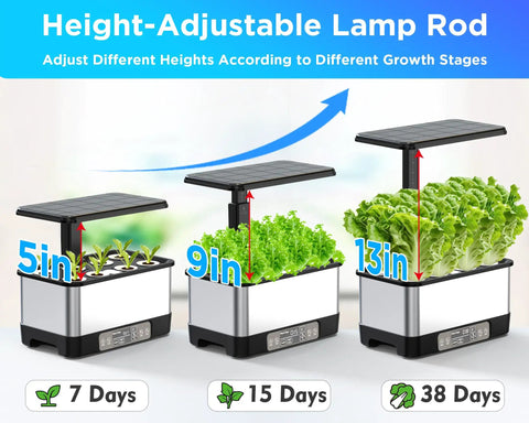 Smart WiFi Controlled Indoor Hydroponics Garden With Grow Light 8 Pod System Auto Timer Quiet Pump Stainless Steel Construction App Control for Easy No Fuss Home Gardening Perfect Gift For Women Moms Black showing growth stages and adjustable lamp height.