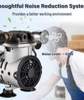 Big Suction Oil Free Vacuum Pump 85L Per Minute With Handy On Off Toggle and Aluminum Noise Damper showing noise reduction features.