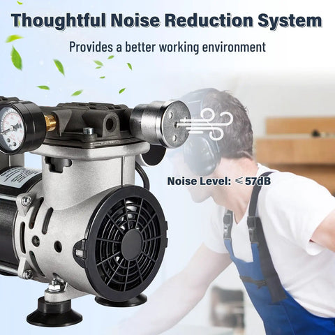 Big Suction Oil Free Vacuum Pump 85L Per Minute With Handy On Off Toggle and Aluminum Noise Damper showing noise reduction features.