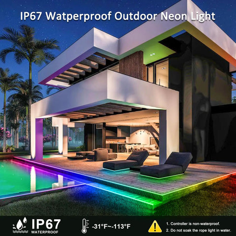 Modern house illuminated with RGB Neon Rope Light 50 Feet LED Strip For Indoor Outdoor Use Linkable Up To 150 Feet 120V IP67 Waterproof