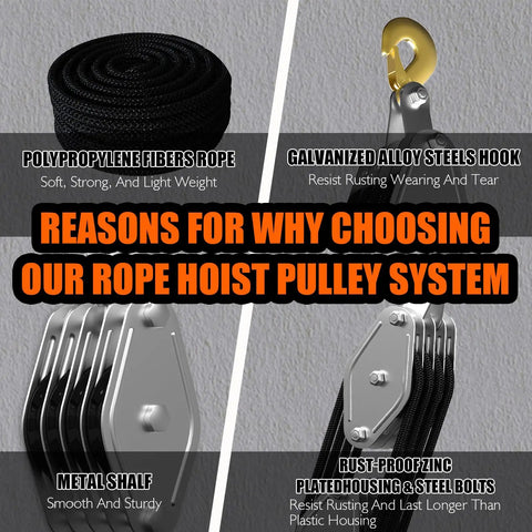Polypropylene fibers rope, galvanized alloy steels hook, metal shelf and rust-proof zinc-plated housing of rope hoist system