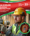 Worker wearing Xtreme Protection Series Ear Plugs 56 Pairs Disposable Foam NRR 32 Noise Reduction For Work Sleep Travel Blue