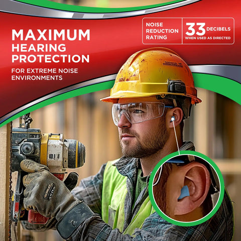 Construction worker wearing Extreme Foam Earplugs With 33dB NRR 100 Pair Pack for Noise Reduction and Hearing Protection.