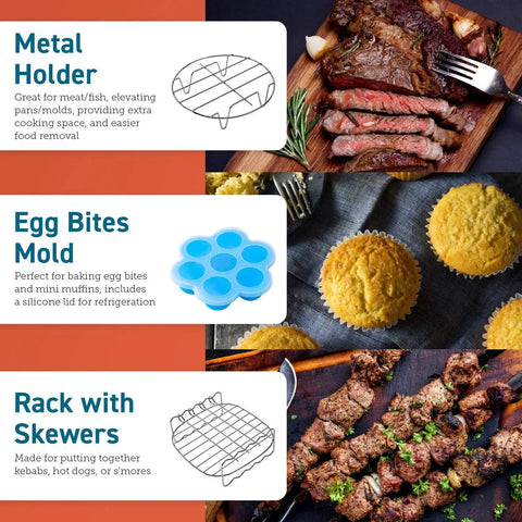 Six Piece Air Fryer Accessory Set For 3.7 Qt And Larger Ovens Including Cake Pan, Pizza Pan, Skewer Rack, Metal Holder, BPA Free