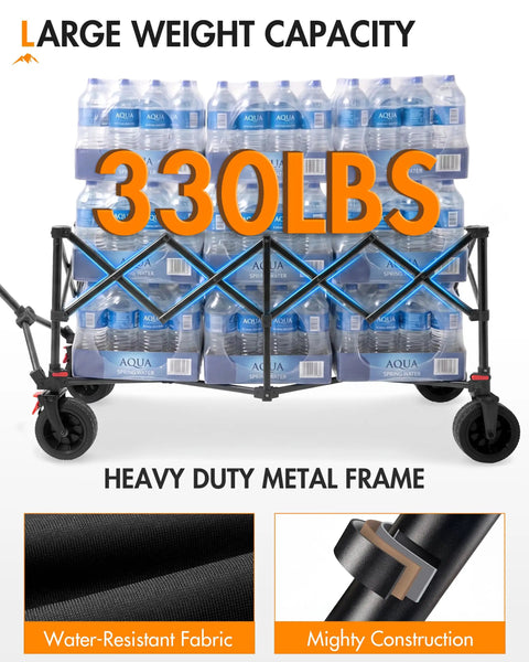Collapsible Utility Wagon With Big Wheels 300L Extra Large Foldable Cart holding water bottles showcasing 330lbs capacity