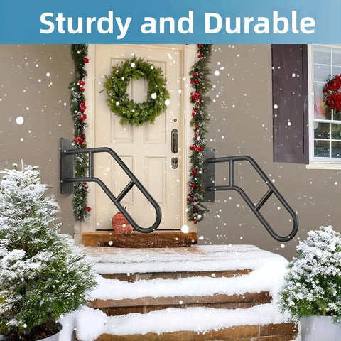 U Shaped Wall Mounted Outdoor Stair Handrail Built Dang Tough Anti Slip Stainless Steel Safety Rail No Sweat Weatherproofing Fits One To Three Steps Smooth Mobility Aid For Porch Patio Courtyard Seniors And Pregnant Mamas in wintry setting with snow.