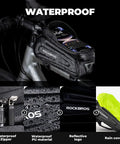 Oversized EVA Waterproof Bike Top Tube Frame Bag Phone Holder With 1.7L Capacity, attached to bike, close-up of waterproof features