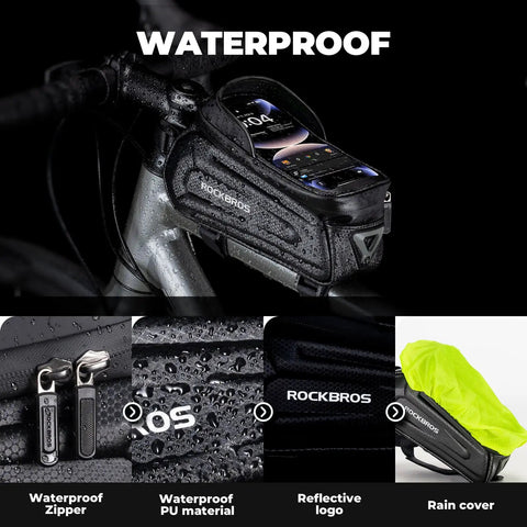 Oversized EVA Waterproof Bike Top Tube Frame Bag Phone Holder With 1.7L Capacity, attached to bike, close-up of waterproof features