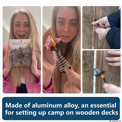 Deck Anchors With Carabiners Tie Down Kit for canopies, showing twist in use and package on wooden decks.