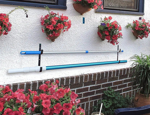 Two Pack Heavy Duty Black Aluminum Pool Pole Hangers With Screws Sturdy Hooks for telescopic poles mounted on a wall