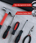 Heavy Duty 146 Piece Home Tool Kit With Hammer Pliers Wrenches Tape Measure Screwdrivers Sockets And Hex Keys In A Durable Plastic Toolbox For Home Garage Office And Dorm Pro Grade Tools With Ergonomic Non Slip Grips showcasing hammer, screwdriver, and pliers on a surface