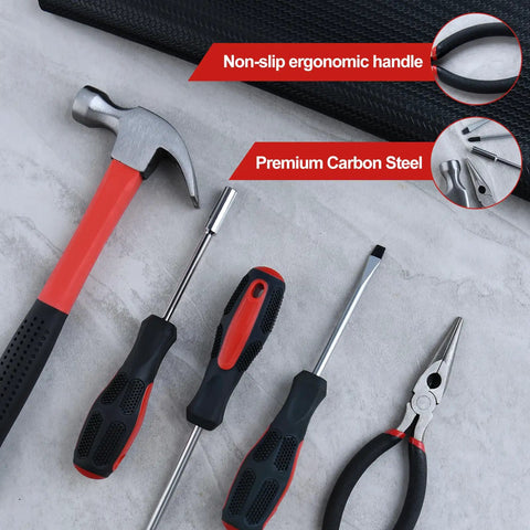 Heavy Duty 146 Piece Home Tool Kit With Hammer Pliers Wrenches Tape Measure Screwdrivers Sockets And Hex Keys In A Durable Plastic Toolbox For Home Garage Office And Dorm Pro Grade Tools With Ergonomic Non Slip Grips showcasing hammer, screwdriver, and pliers on a surface