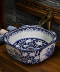 Handcrafted Blue And White Ceramic Vessel Sink With Zero Absorption Glaze Heavy Duty Build For Daily Use Knockout Countertop Basin