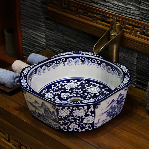 Handcrafted Blue And White Ceramic Vessel Sink With Zero Absorption Glaze Heavy Duty Build For Daily Use Knockout Countertop Basin