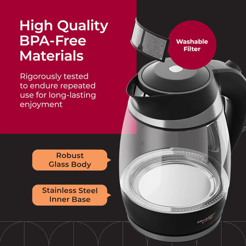 Fast Boil Electric Kettle Cordless With 1500W SpeedBoil No Fuss Quick Heat Borosilicate Glass Water Heater glass body view
