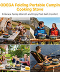 Collage of people using Dual Burner Portable Camping Stove With 20K BTU at a picnic, campsite, and on a fishing trip.