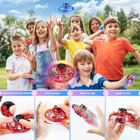 Kids playing with Mini UFO Drone Spinner With Hand Control Dope Boomerang Flying Fidget Toy 360 Degree Sensor Hover
