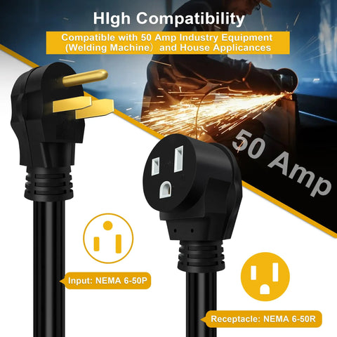 Heavy Duty Welding Extension Cord 6 AWG 50 Amp 25 Foot Cable Loaded With NEMA 6-50P To 6-50R Plugs showing input and receptacle connectors.