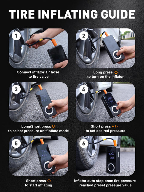 Step-by-step guide using Cordless Tire Inflator With Gauge On The Go Mini Air Compressor Dual Power 12V Built In Battery