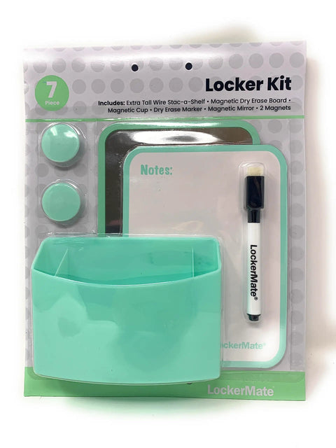 Mint green 7 Piece Tall Wire Locker Kit With Magnets Mirror Dry Erase Board Storage Cup Dry Erase Marker And Bin For School Lockers