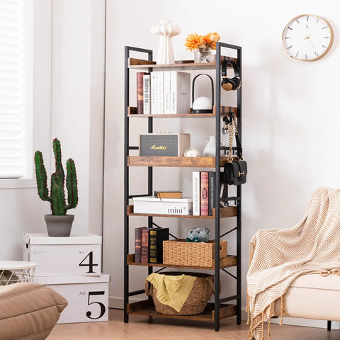 Adjustable Six Tier Open Bookcase With Mid Century Rustic Farmhouse Charm And Industrial Wood And Black Metal Build in living room corner