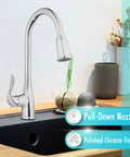 High Arc Pull-Down Kitchen Faucet With Single Lever Handle In Polished Chrome in a modern kitchen setting