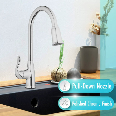 High Arc Pull-Down Kitchen Faucet With Single Lever Handle In Polished Chrome in a modern kitchen setting