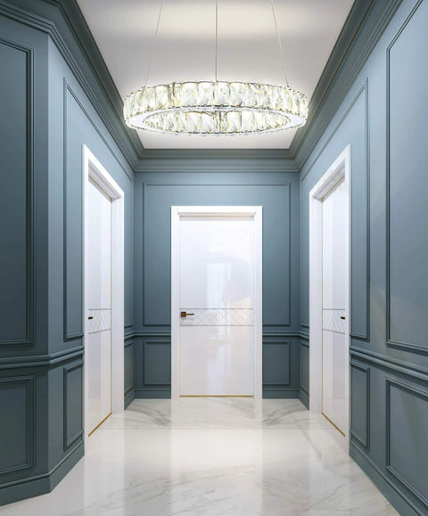 Chrome 1 Light Integrated LED Pendant With Crystal Ring Dope Adjustable Height Modern Glam Dining Room Chandelier