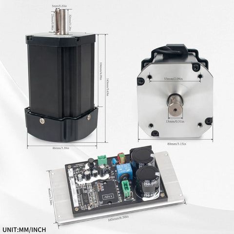 Components of DC Brushless Spindle Motor Kit For CD210v WM210v Lathe 1100W, including motor and control board details.