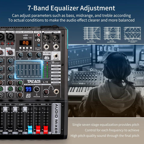 Close-up of 7-band equalizer on Gig Ready 16 Channel USB Audio Mixer With 48V Phantom Power, showing controls and settings for live shows.