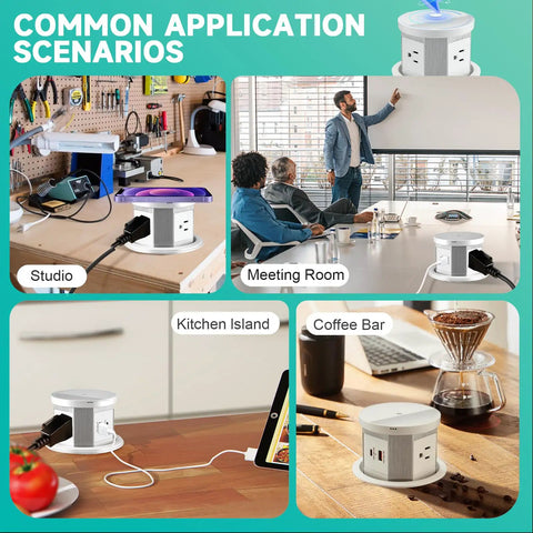 Splash Resistant Pop Up Countertop Outlet With 15W Wireless Charger And Dual USB Ports For Instant Plug And Play Setup in studio and kitchen island settings.