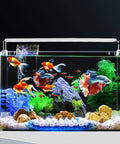 Fish tank with colorful fish and submersible LED tea lights set for pond and water features, battery operated underwater lights